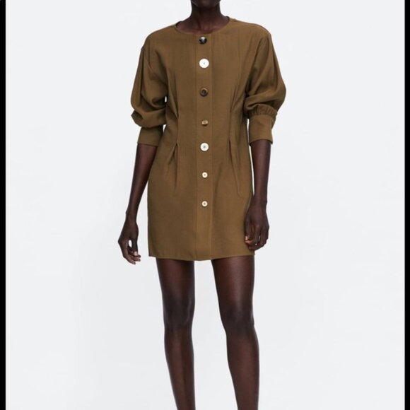 ZARA Khaki Pleated Dress with Buttons Size M Green‎ Long Sleeve Tunic Length NWT - Picture 1 of 15